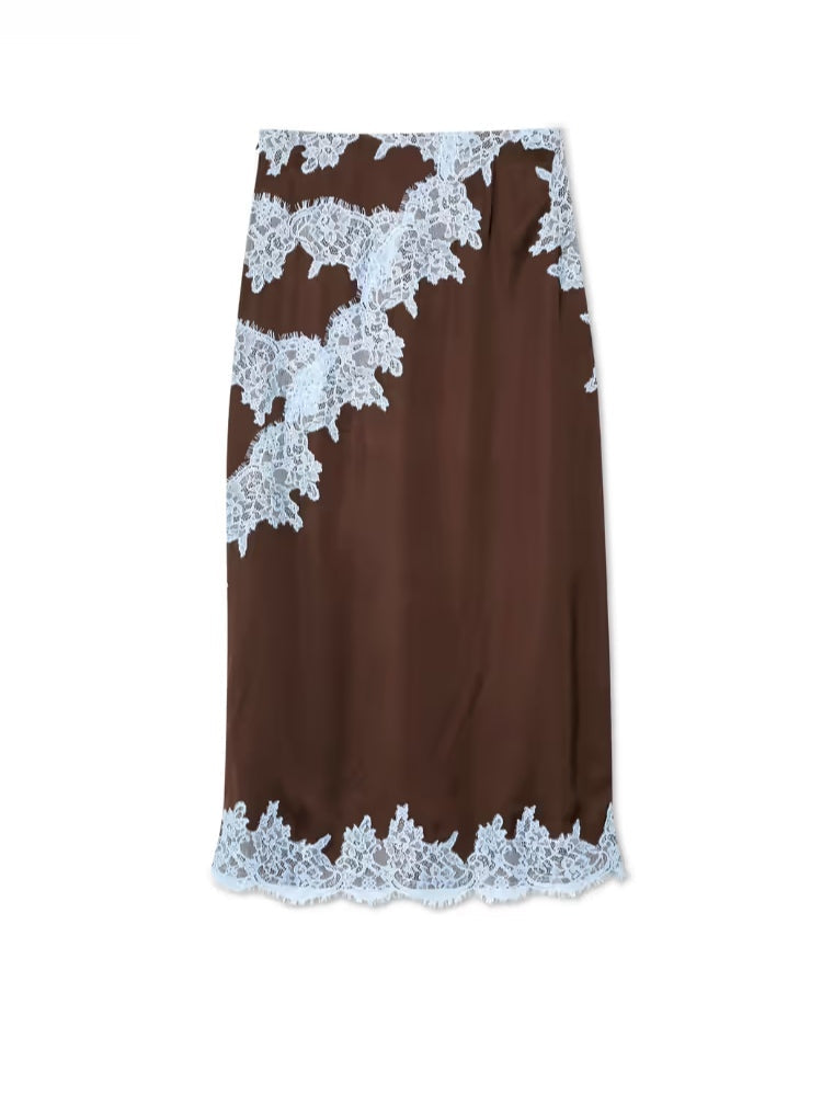 Beautiful Brown Blue Floral Lace Top Skirt Set