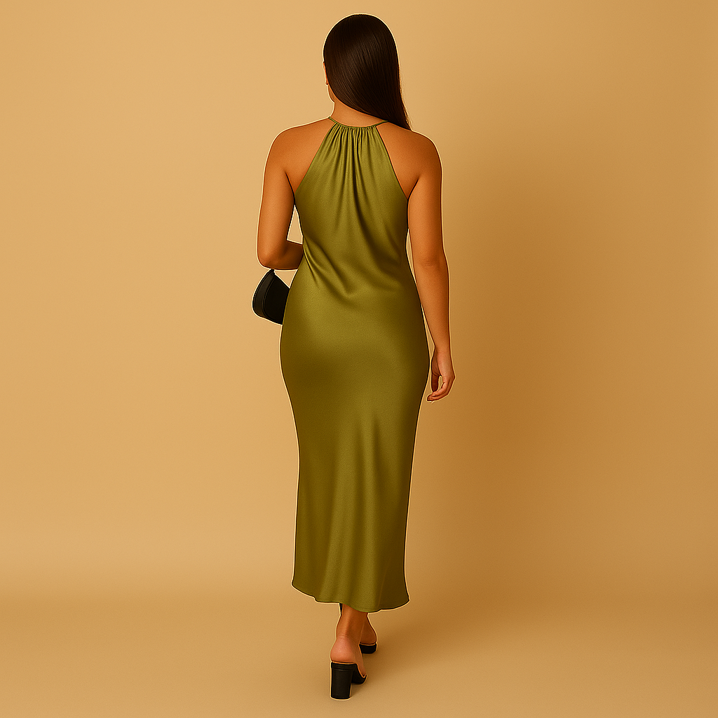 Satin wrap dress for women with long sleeves and elegant sheen, perfect for evening events, weddings, and festive occasions.