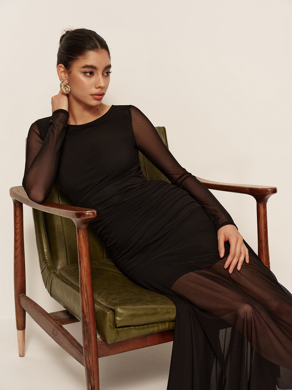 Lightweight Gathered Long Sleeve Chiffon Dress