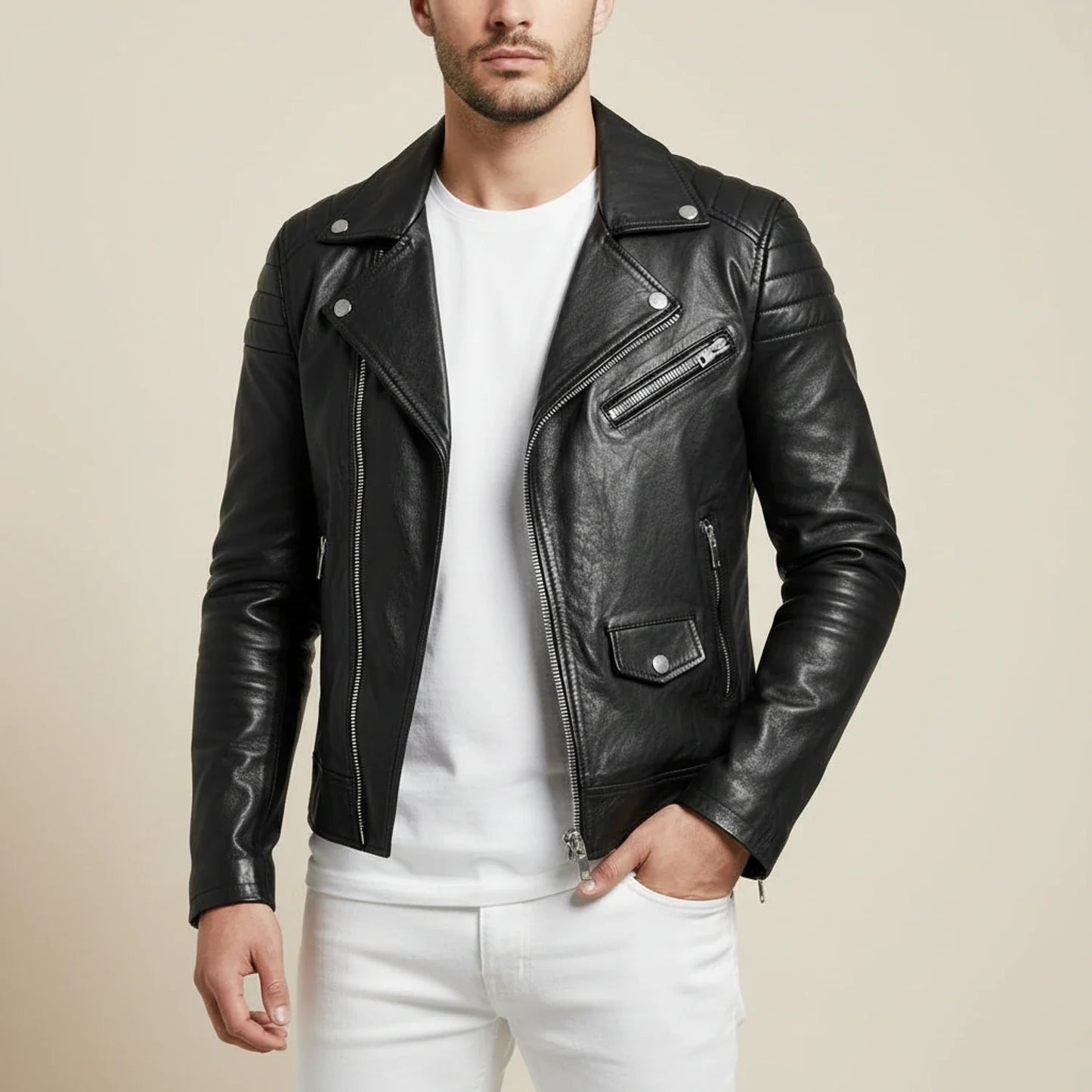 Fitted Leather Motorcycle Jacket for Men