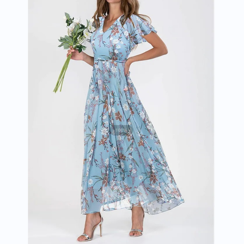 Long Floral Dress with Bell Sleeves and Garden Print