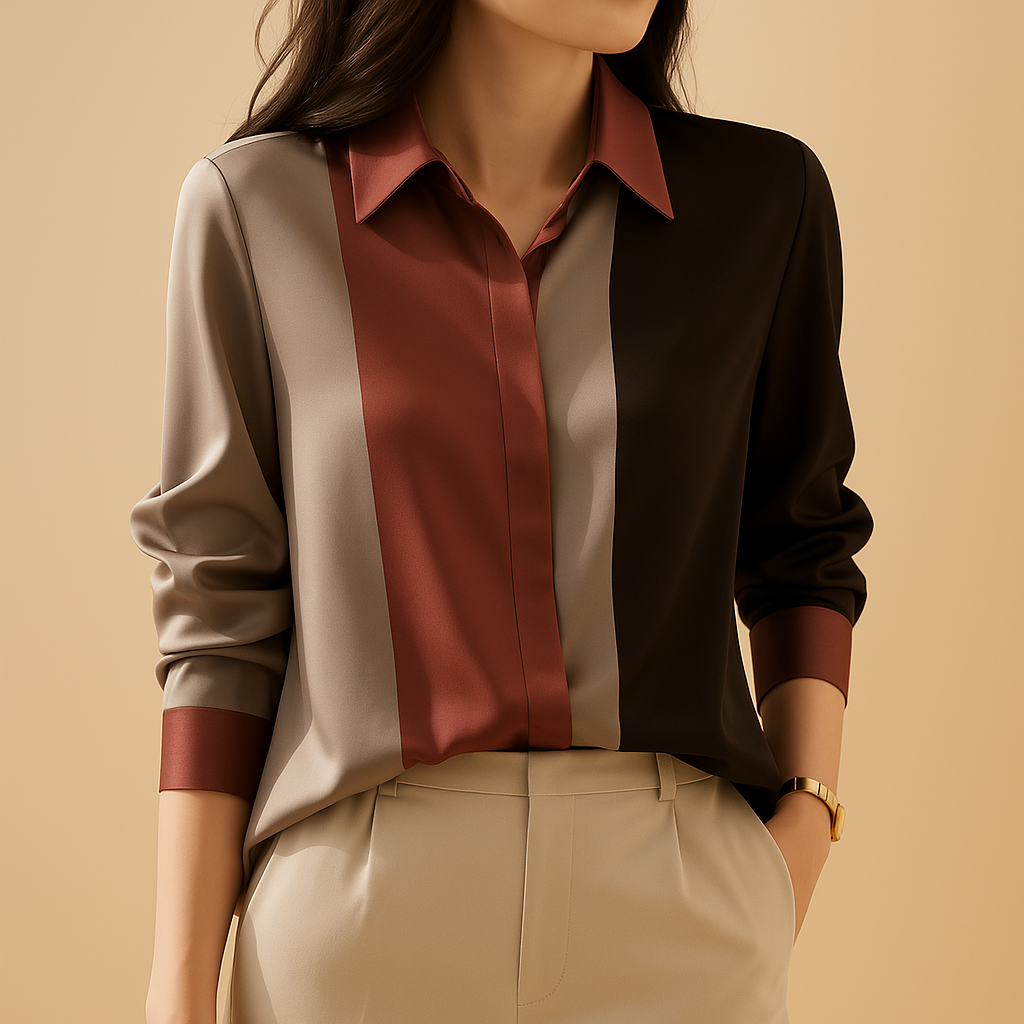 Striped satin blouse for women with patchwork pattern, classic collar, and long sleeves, perfect for elegant workwear or casual autumn outfits.