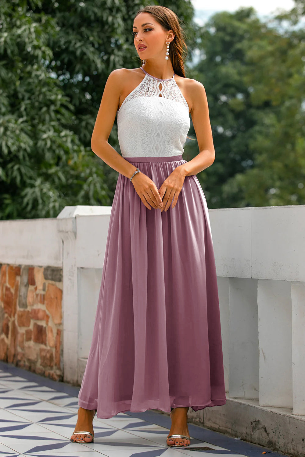 Summer Sleeveless Maxi Dress with Lace Top and Skirt