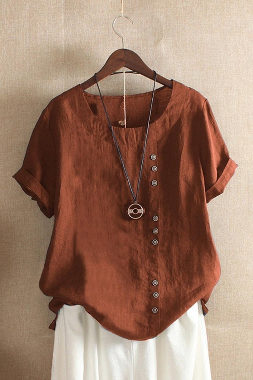 Loose Fit Women's Cotton Blouse with Short Sleeves