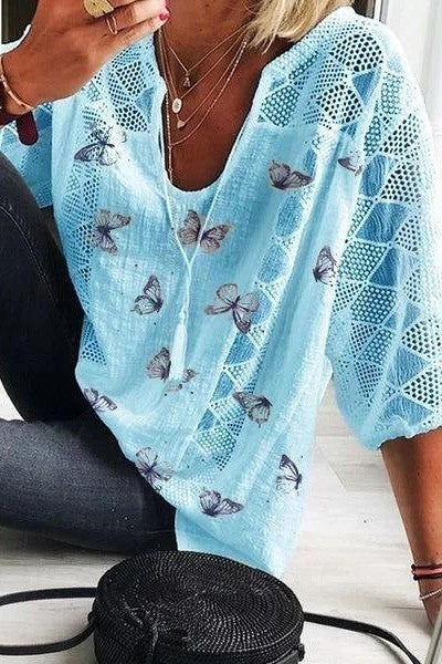 Loose Fit V Neck Lace Trim Blouse