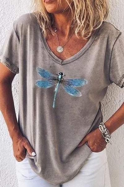 Casual V Neck Women's Dragonfly Tee Shirt