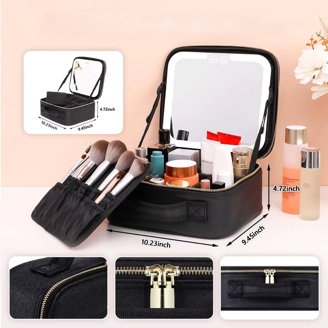 Travel Make-up Organizer with LED Mirror-Black-Nora Luxe