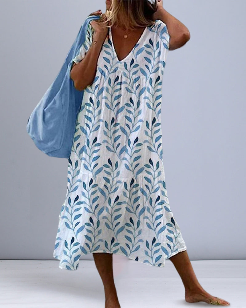 Stylish V-Neck Floral Midi Dress - Pexav