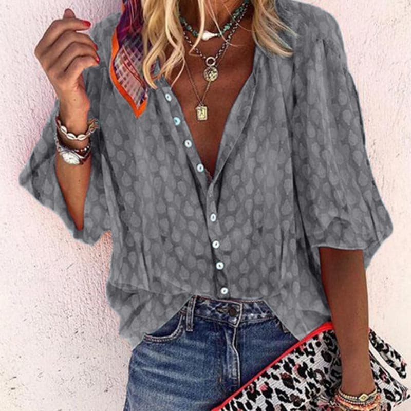 Loose Fit V Neck Women's Blouse with Short Sleeves