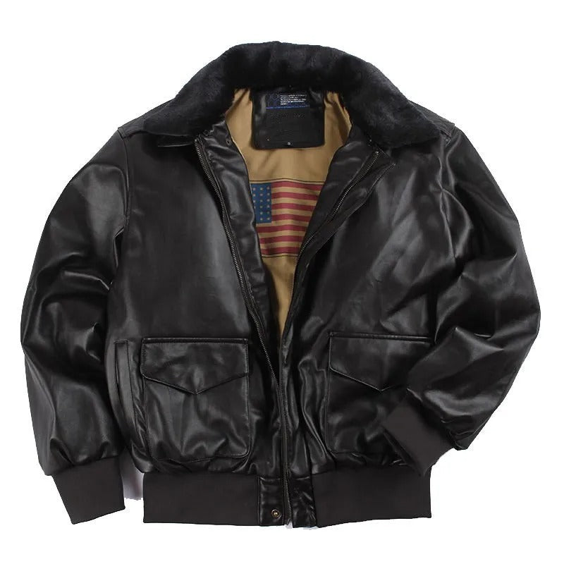 Men's Classic Brown Leather Aviator Jacket with Fur Trim