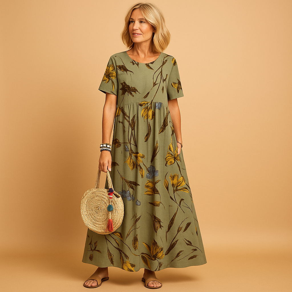 Vintage floral summer dress for women named Clara, featuring a boat neckline, pleated design, and lightweight linen fabric for stylish summer comfort.