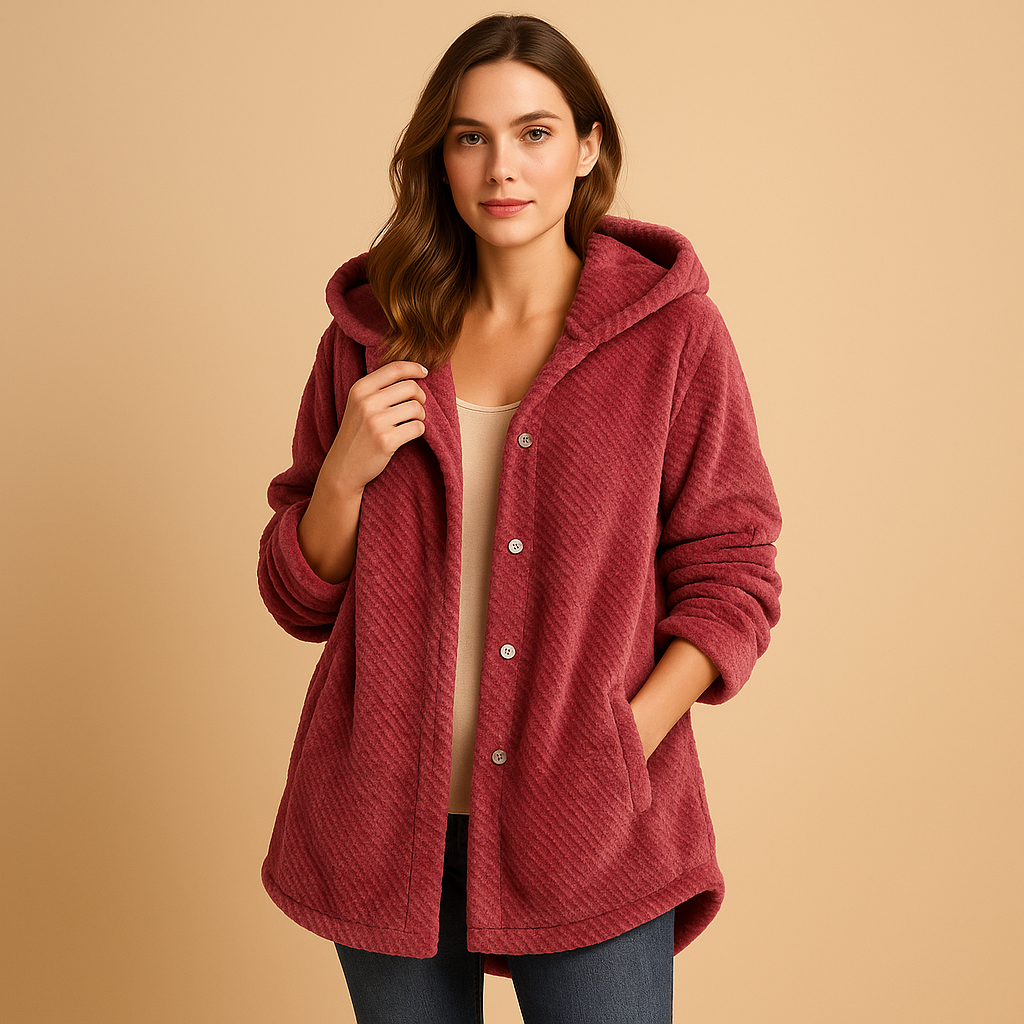 Women’s winter hooded coat with insulated lining and zip closure, suitable for cold weather, winter walks, and city trips.