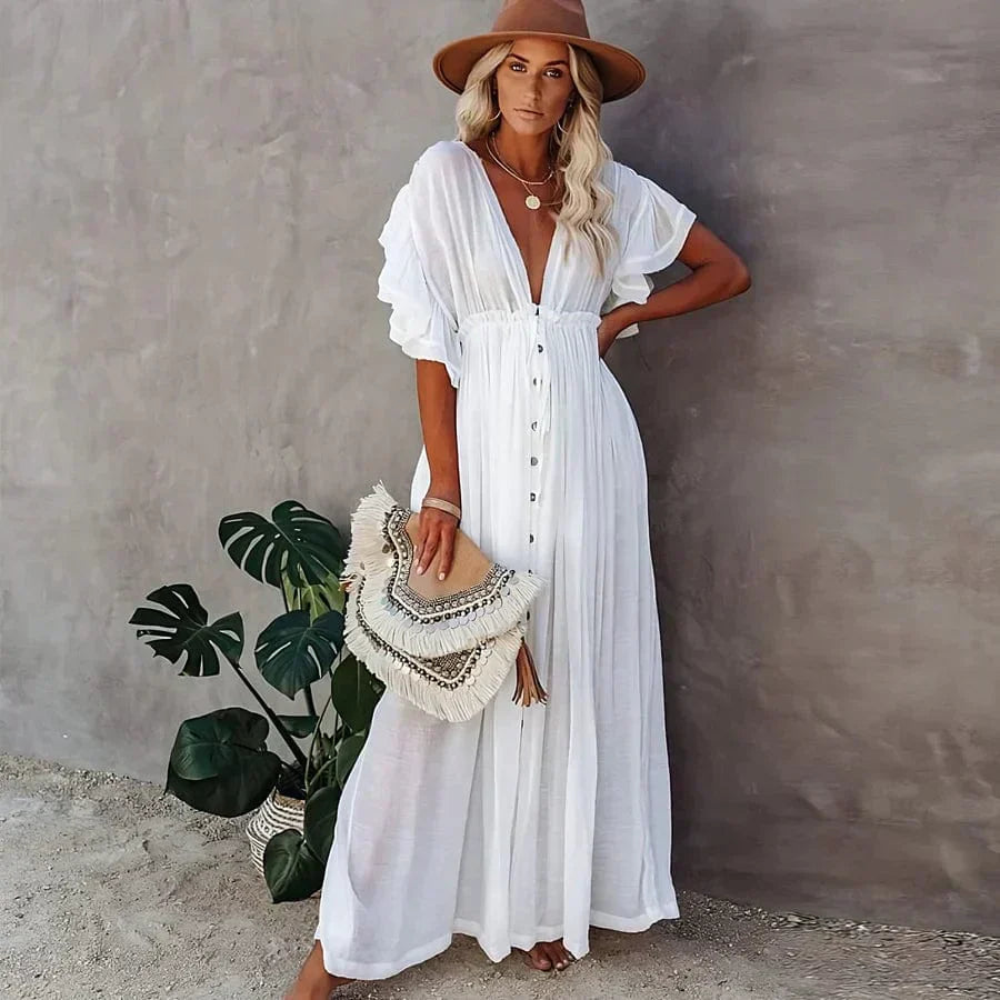 Relaxed Fit Cotton Maxi Dress with Puff Sleeves - Nocini