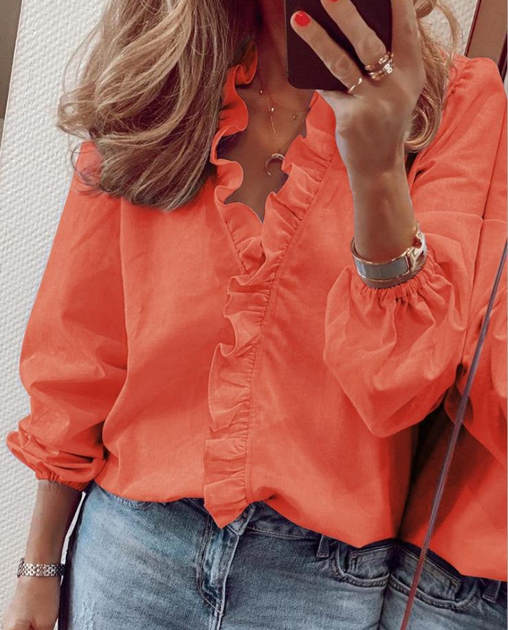 Floral V Neck Ruffled Women's Blouse