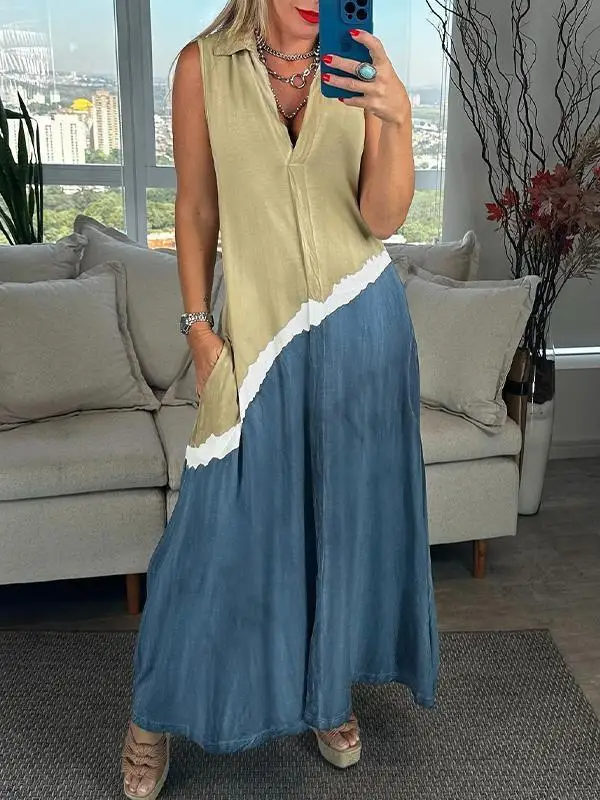 Long Sleeveless Summer Dress with Color Block Pattern - Nocini
