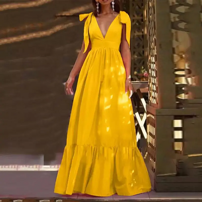 Ladies Flowy Deep V Dress with Bow Details