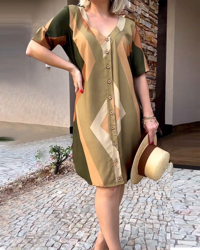 Relaxed Fit V-Neck Short Sleeve Geometric Dress - Nocini