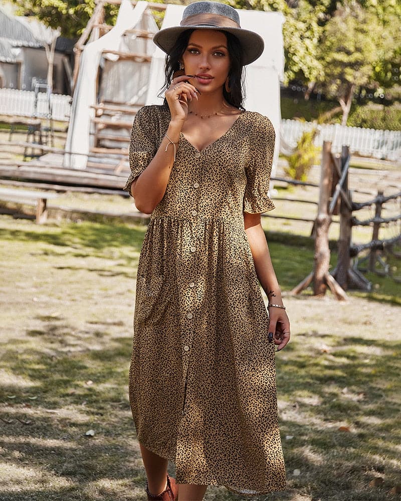 Casual V Neck Summer Dress with Short Sleeves