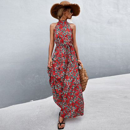 Long Floral Summer Dress with Halter Neck - Nocini