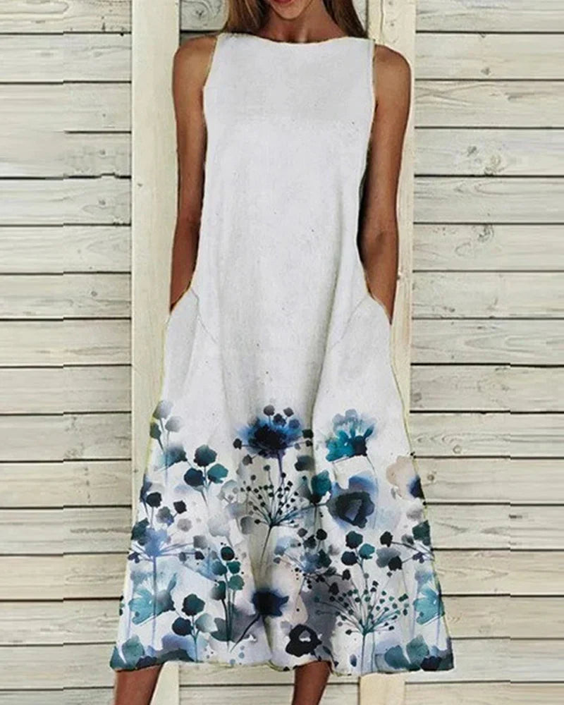 Women's Summer Floral Midi Dress with Pockets