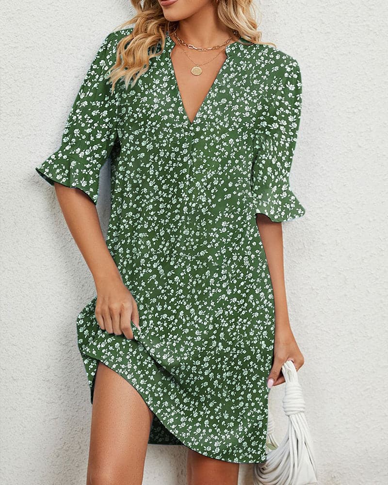 Elegant Floral V-Neck Dress with Ruffles - Nocini