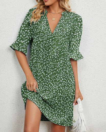Elegant Floral V-Neck Dress with Ruffles - Nocini