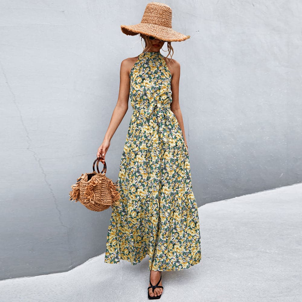 Long Floral Summer Dress with Halter Neck