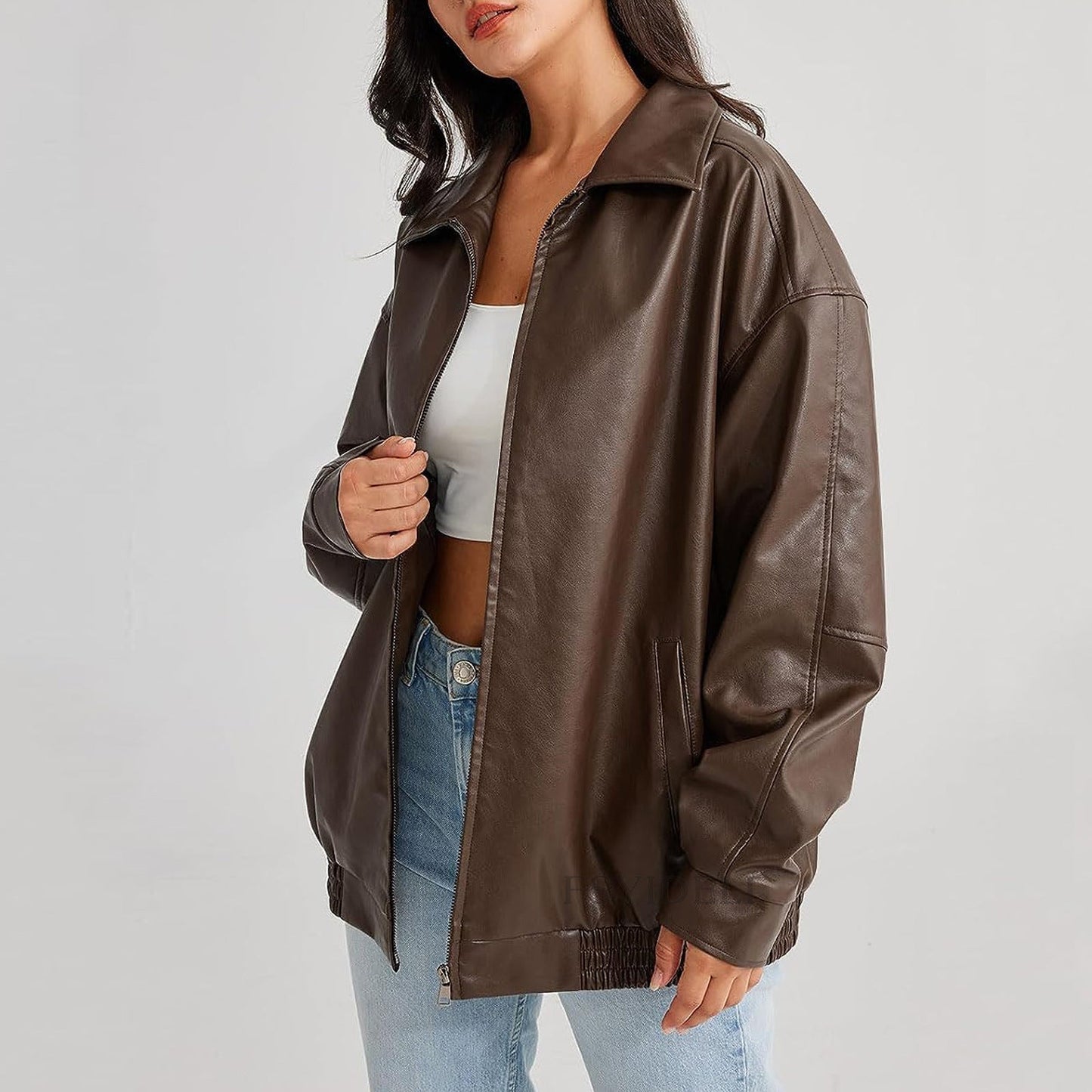 Rue | Women's Chic Large Leather Aviator Jacket