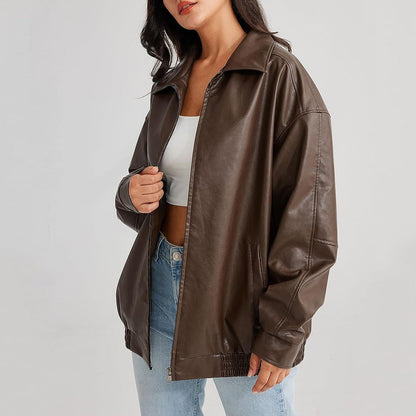 Rue | Women's Chic Large Leather Aviator Jacket