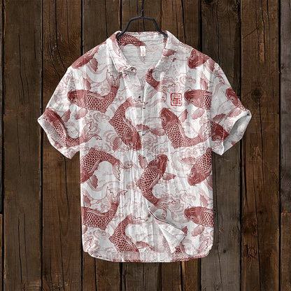 Casual Men's Linen Shirt with Fishing Print