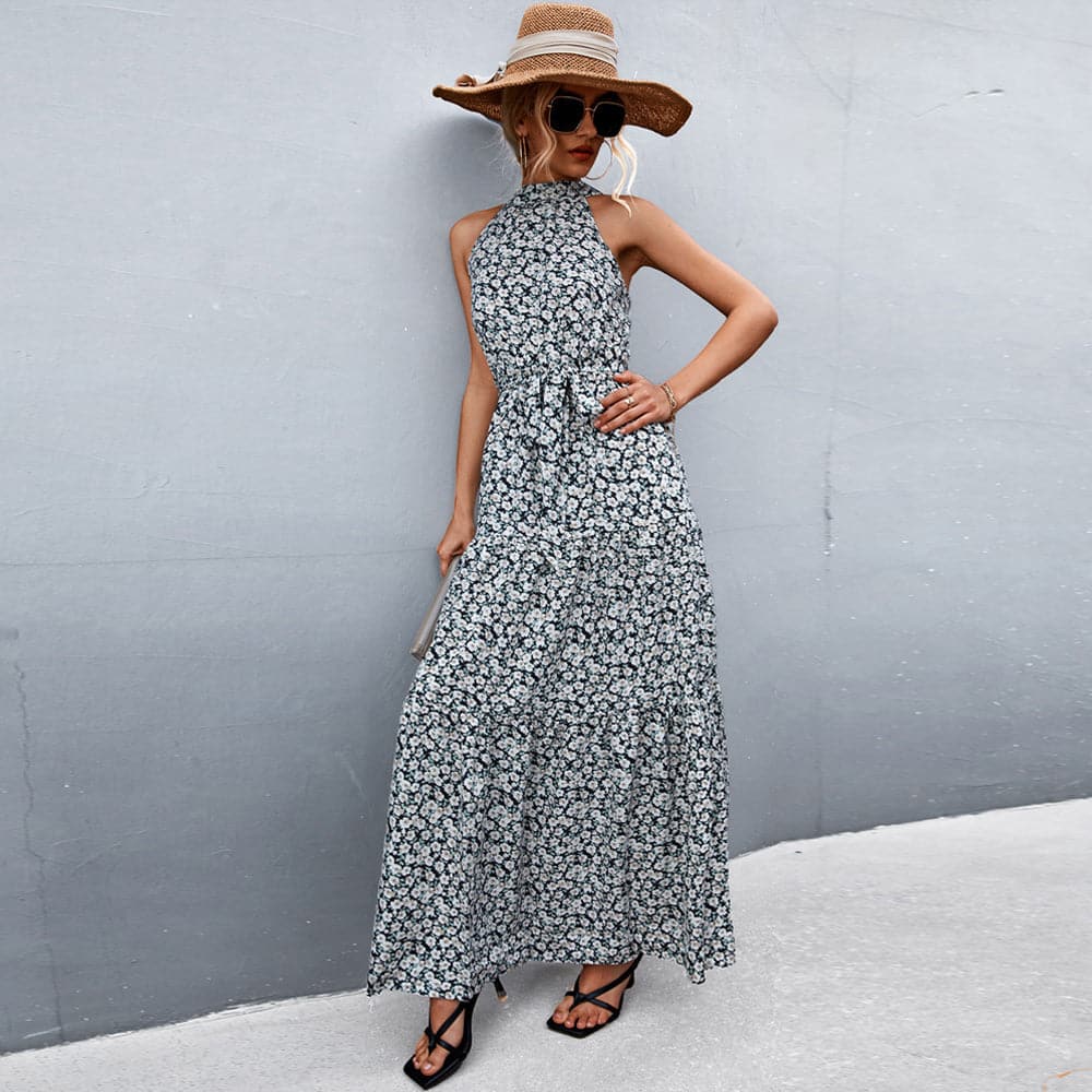 Long Floral Summer Dress with Halter Neck