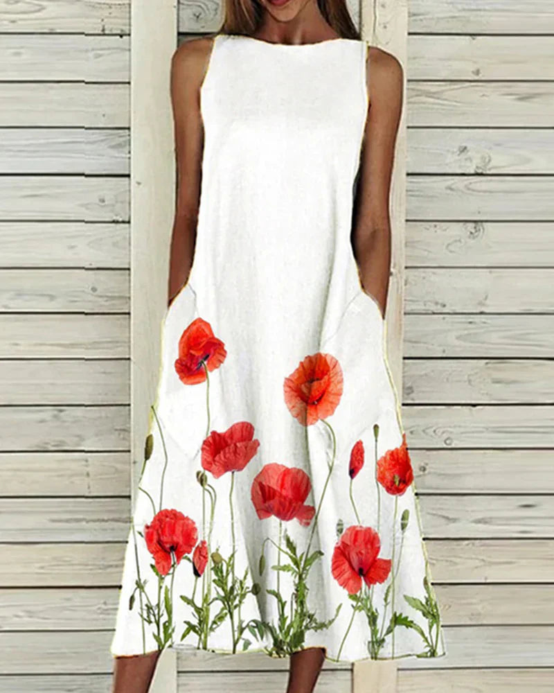 Women's Summer Floral Midi Dress with Pockets
