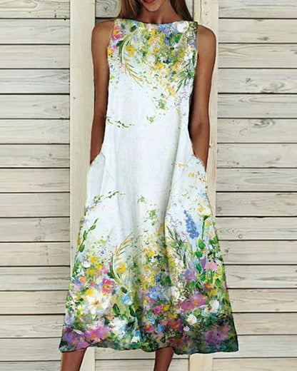 Women's Summer Floral Midi Dress with Pockets
