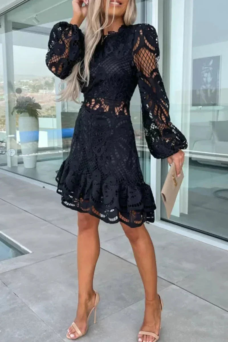 Chic Women's Lace Dress with Ruffles and Long Sleeves