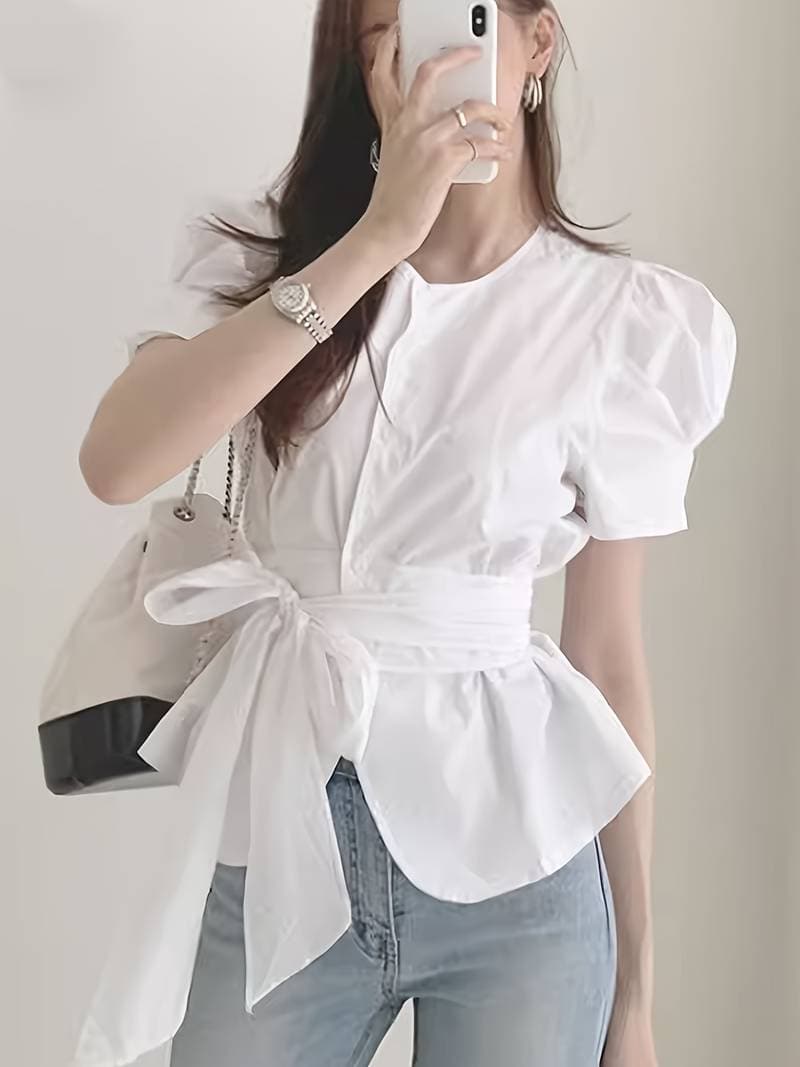 Ladies Floral Peplum Top with Puff Sleeves - Nocini