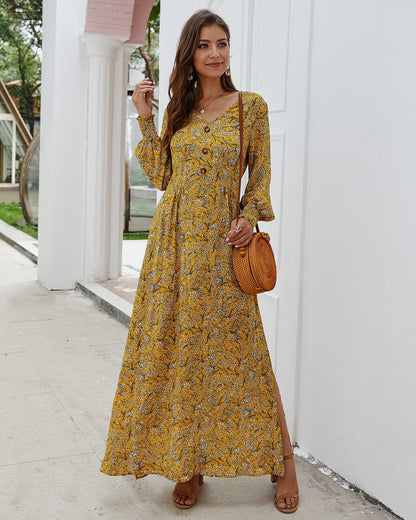 Women's Floral V-Neck Maxi Dress with Buttons