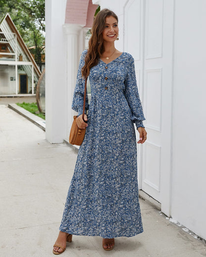 Women's Floral V-Neck Maxi Dress with Buttons