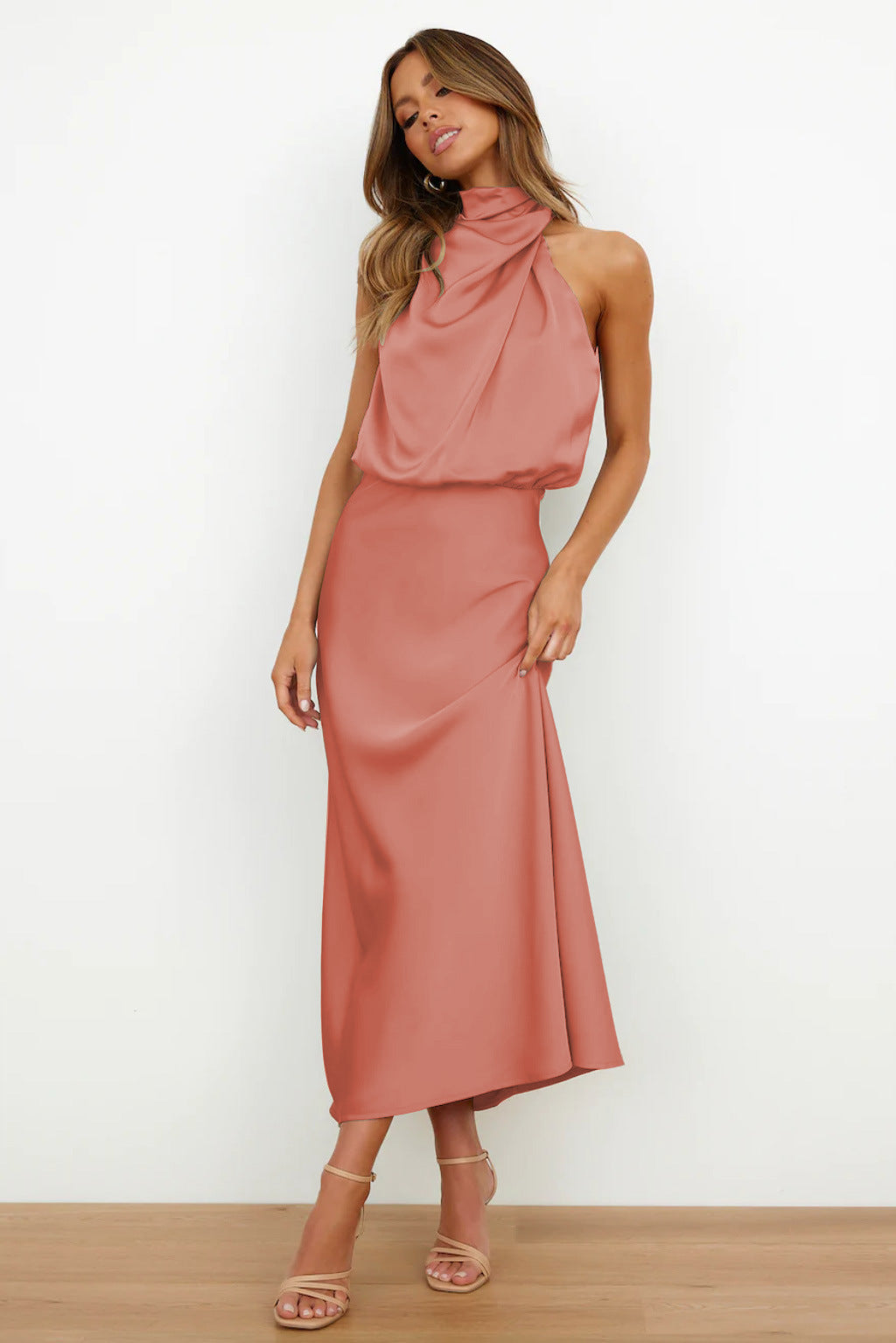 Elegant Satin Halter Neck Dress