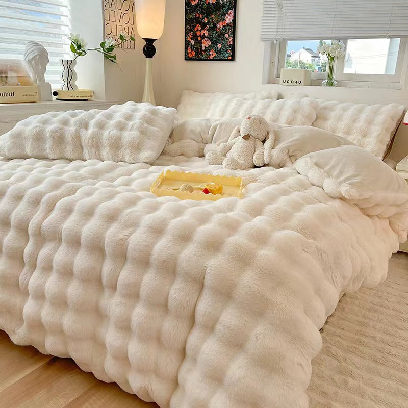 Faux Rabbit Fur Bed Sheet Set With Plush Texture