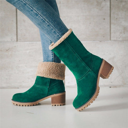Ladies Suede Mid Heel Boots with Faux Fur Trim
