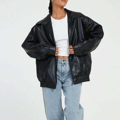 Rue | Women's Chic Large Leather Aviator Jacket - Nocini