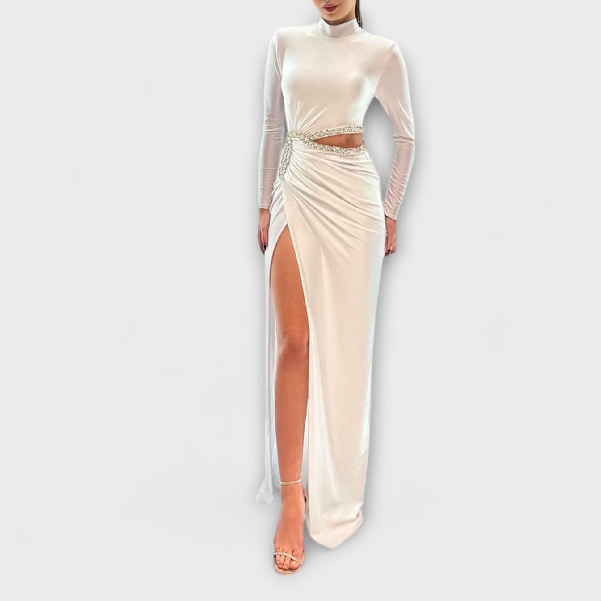 Elegant Beaded Cut Out Evening Gown - Nocini