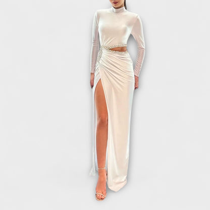 Elegant Beaded Cut Out Evening Gown - Nocini