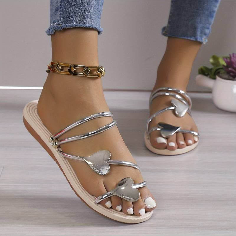Ladies Flat Sandals with Multiple Straps and Heart Buckle - Nocini