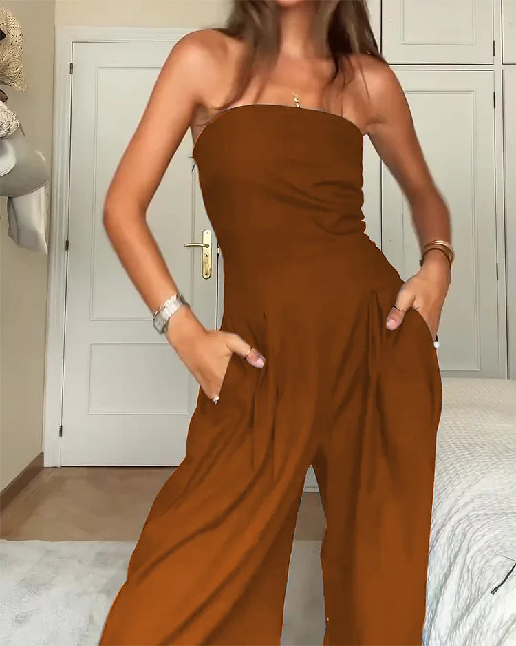 Sleek Strapless Jumpsuit - Loose Fit - Wide Leg Pants