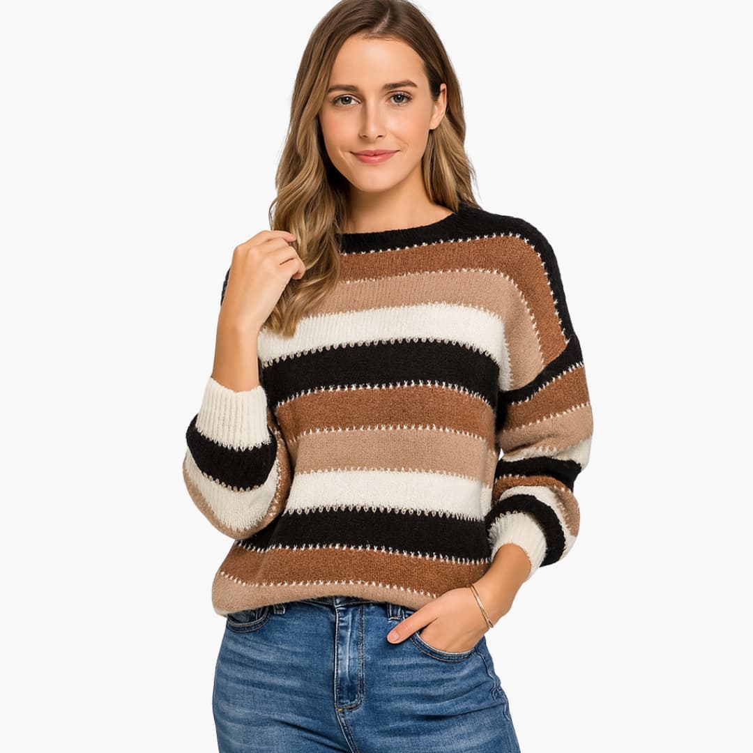 Ladies' Casual Striped Crew Neck Sweater - Olytrend