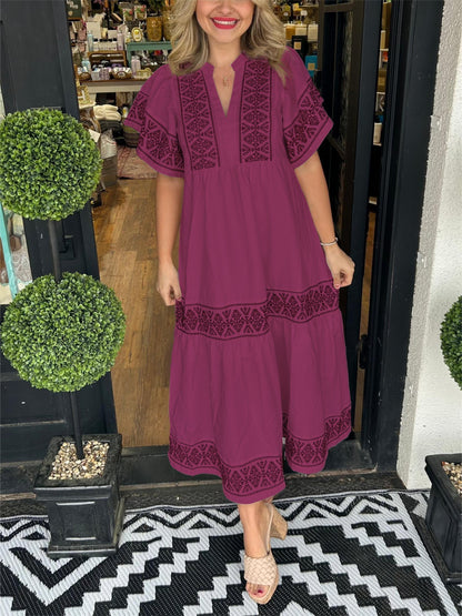 Ladies' Floral V-Neck Summer Midi Dress with Cap Sleeves