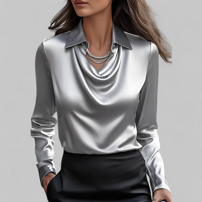 Elegant Women's V Neck Long Satin Blouse