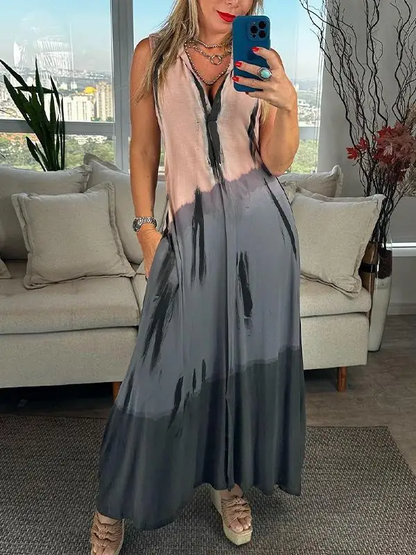 Long Sleeveless Summer Dress with Color Block Pattern