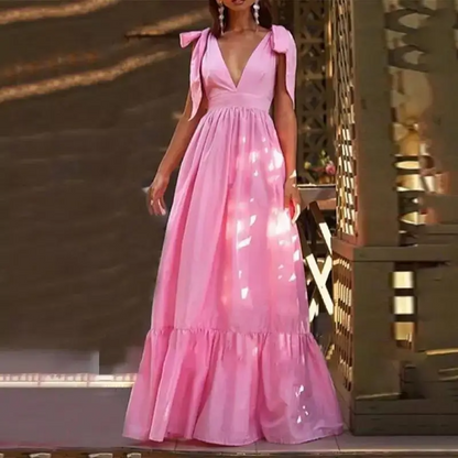 Ladies Flowy Deep V Dress with Bow Details